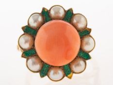 An antique coral, pearl and enamel ring, of flowerhead form,