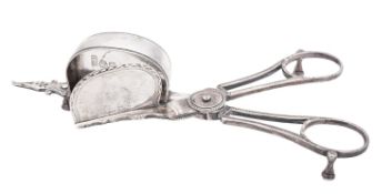 A pair of George III scissor snuffers, with sprung handles, bead borders and bright-cut decoration,