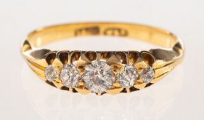 A five stone diamond ring, claw set with five graduated old-cut diamonds, diamonds approx. 0.