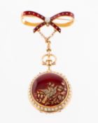 An 18K gold, enamelled, pearl and diamond watch with bow the round convex maroon enamelled dial,
