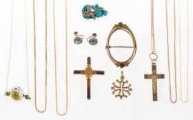 An interesting mixed group of jewellery, including a gilt floral brooch frame, length approx. 5.