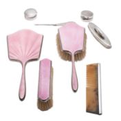 An Art-Deco period silver and enamel matched dressing table set, comprising of a hair brush,