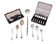 A mixed group of silver and silver plated flatware; a cased birth record spoon,