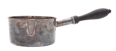 A 19th century French silver brandy pan, circular form, with a turned ebonised wooden handle,