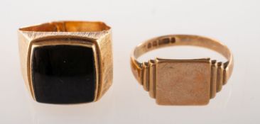 Two signet rings, including a 9ct gold signet ring with graduated stepped shoulders, UK hallmark,