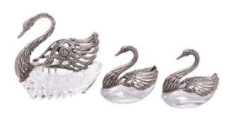 Three 20th century continental silver mounted cut-glass swan dishes,