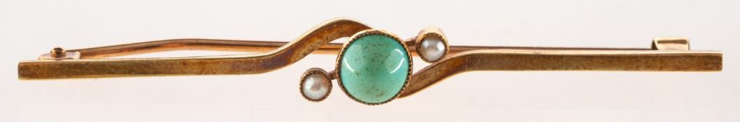An antique turquoise and pearl bar brooch, of twist design,