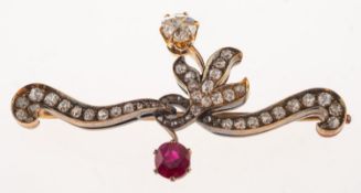 An antique diamond and ruby brooch, possibly Edwardian,