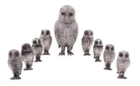Three pairs of Elizabeth II novelty silver peppers & a pair of mustard pots, in the form of owls,