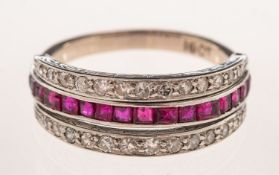 An Art Deco diamond, ruby and sapphire flip-over ring,