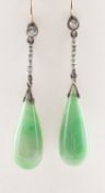 A pair of diamond, pearl and jade drop earrings, (possibly Art Deco),