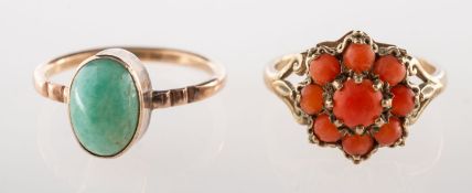 Two dress rings, including a 9ct gold cluster ring set with coral cabochons, UK hallmark, size H, 1.