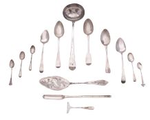 Mixed silver flatware, comprising of a soup ladle, a marrow scoop, 5 tablespoons,