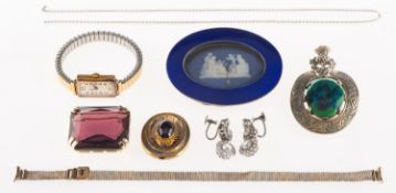 A mixed group of jewellery, including a large Wedgwood and enamel brooch (Wedgwood damaged),