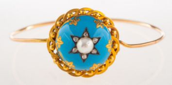 A Victorian gilt, enamel, pearl and diamond bangle,