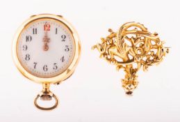 A 9k gold and enamel fob watch the cream dial having black and red Arabic numerals and decorative