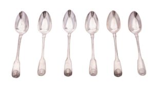 Six Victorian silver tablespoons, Fiddle Thread & Shell pattern, three crested (Earl's Coronet),