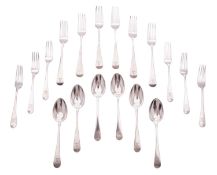 West-Country provincial Old English pattern silver flatware, 6 George III table forks,