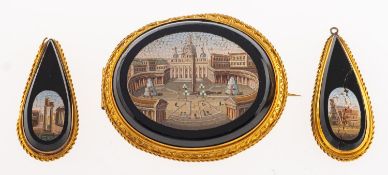 Three items of 19th century Grand Tour micro mosaic jewellery, including a gilt brooch,