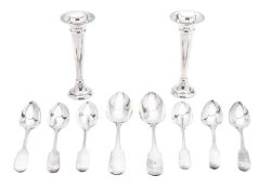 A small group of Fiddle pattern silver flatware, 2 tablespoons (one initialled) & 6 dessert spoons,