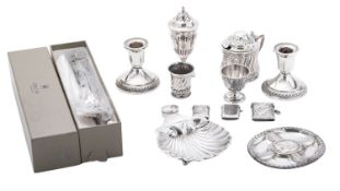A mixed lot silver and silver plate including; an embossed mustard pot (blue glass liner),