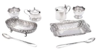 A mixed lot of silver to include; a rectangular bonbon dish with a pierced and embossed border,