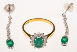An 18ct gold emerald and diamond cluster ring and a pair of 18ct gold emerald and diamond drop