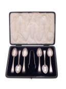 A cased set of six 20th century silver teaspoons & matching sugar tongs,