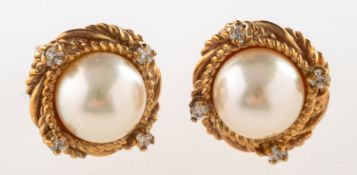A pair 9ct gold pearl and diamond earrings, each set with a cultured pearl, pearls approx. 6.