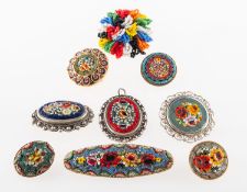 A group of floral micro mosaic jewellery and one other brooch,