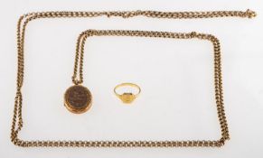 A small group of jewellery, including an Art Deco geometric style signet ring with carved monogram,