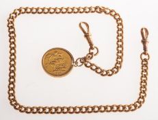 A watch fob chain with full sovereign in mount,