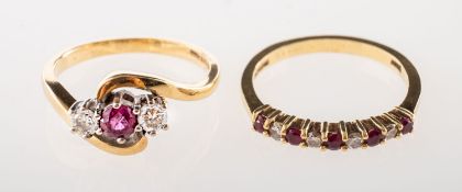 Two 18ct gold ruby and diamond rings, including an 18ct gold three stone twist ring,