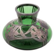 A 20th century North-American silver overlaid green glass vase, squat circular form,