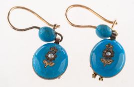 A pair of antique blue enamel and pearl drop earrings, possibly Victorian,