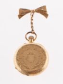 A lady's 18K gold open-faced pocket watch with a 9K gold bow the gold dial with matted and engraved
