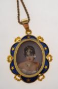 A miniature portrait pendant with chain,