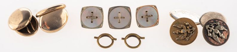A mixed group of cufflink's and buttons, including three bi-metal mother of pearl buttons,