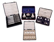 Four cased sets; A set of seven side knives (steel blades & one missing),