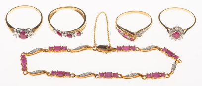 A group of ruby and diamond set jewellery, including a bracelet set with alternating links,