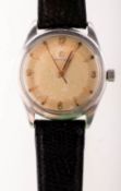 Omega a stainless-steel wristwatch the silvered two-tone dial having raised dauphine and Arabic