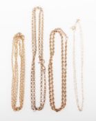 A group of four chains, including a belcher link chain, jump ring Import mark 375,