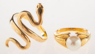 Two rings, including a ring in the form of a snake, marked 585, size approx.