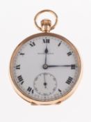 Elgin, a 9K gold open-faced pocket watch the round white enamel dial having black Roman numerals,