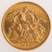A full sovereign, Elizabeth II 1958, 8.0grams.