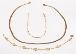 A necklace and two bracelets, a flat patterned snake chain necklace, UK import mark to clasp, 375,