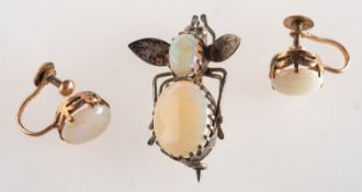 An opal insect brooch and a pair of opal screw back earrings,