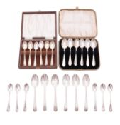 Three sets of six Elizabeth II silver tea/ coffee spoons, a Hanoverian cased set,