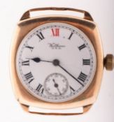 Waltham a 9K gold wristwatch the round white dial having black and red Roman numerals,