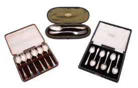 A mid-20th century cased set of six silver & enamel tea/ coffee spoons, in the Art-Deco style,